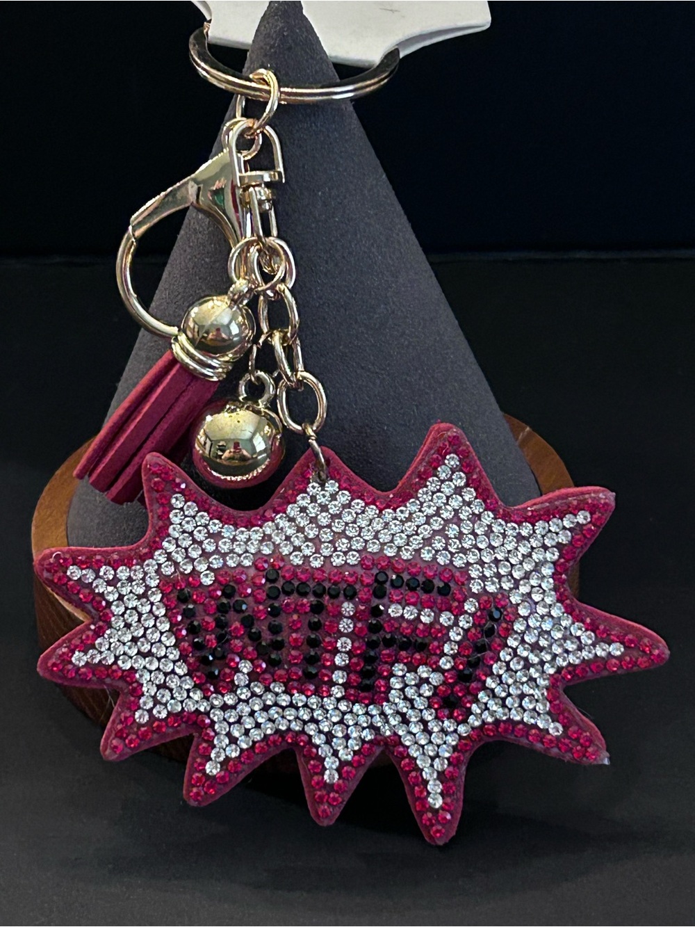 Red, Clear & Black Rhinestone 'WTF' Burst 💥 Bag Charm Keychain w/Gold Hardware - Picture 3 of 3